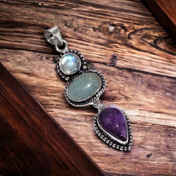 Amethyst, Aquamarine & Rainbow 🌈 Moonstone Handcrafted Pendant NWOT - Picture 17 of 17